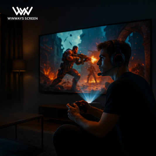 Gamer using Winways ALR Fresnel screen with vivid 4K graphics in a bright room setting.