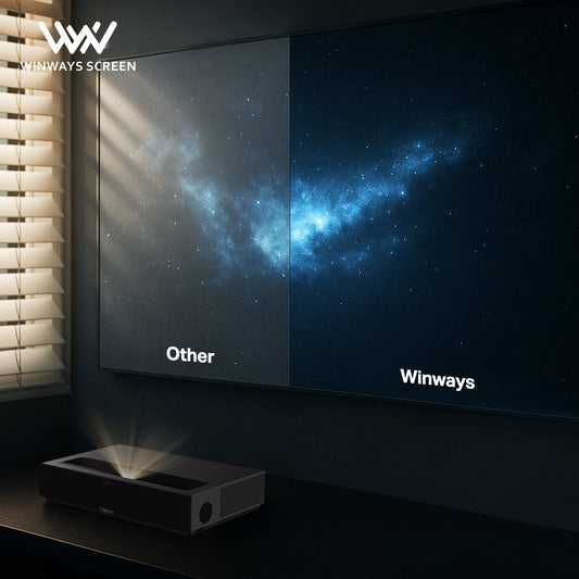 Winways ALR Fresnel screen mounted in modern living room setup with UST projector