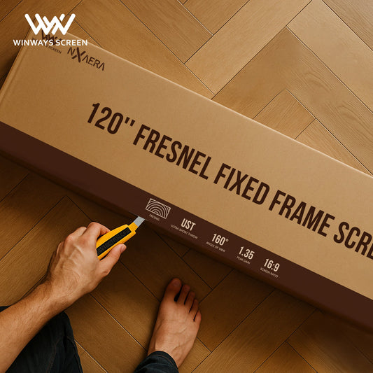 User setting up a 120-inch Winways ALR Fresnel Screen in a bright living room