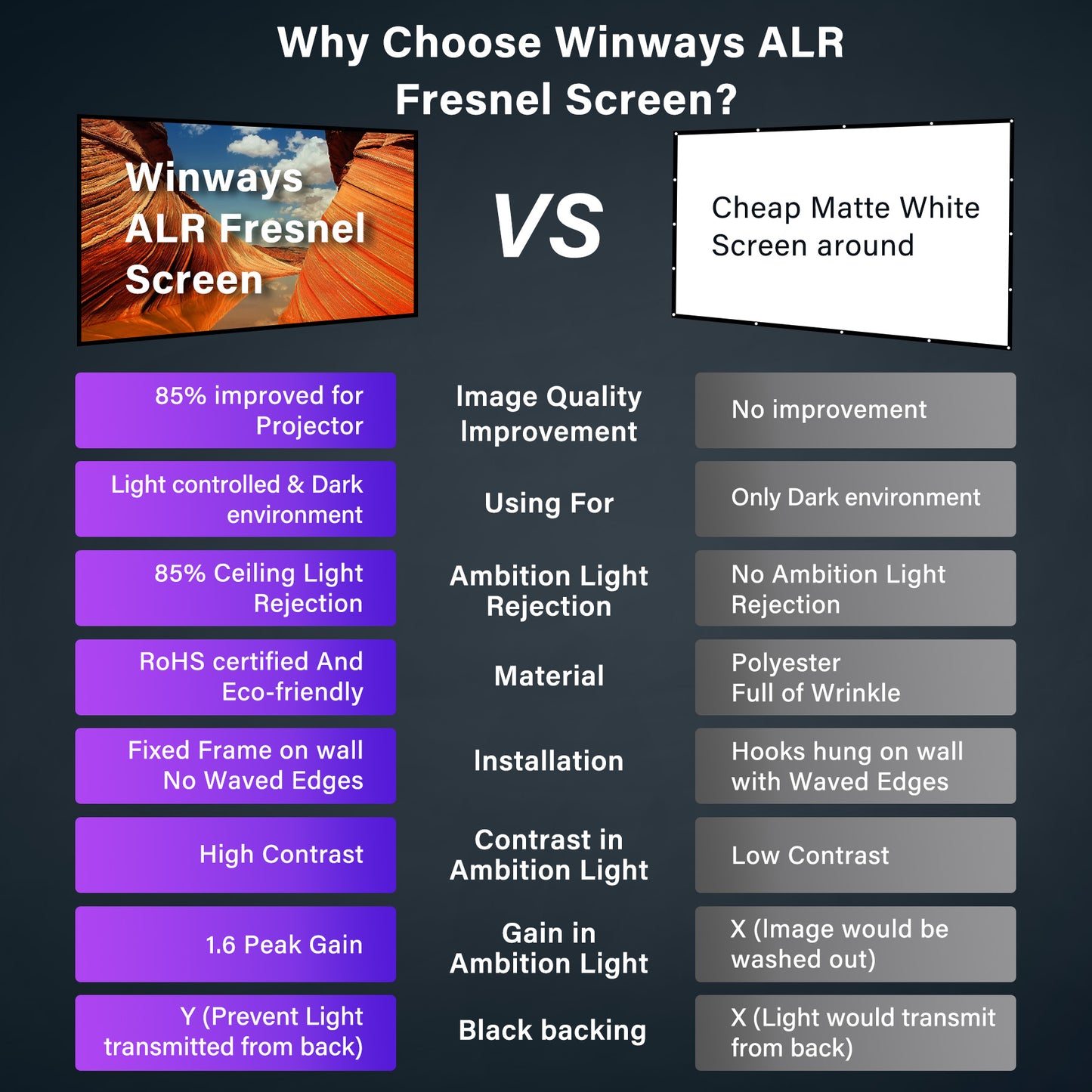 Winways Medium Throw ALR Fixed Frame Fresnel Screen - Formovies
