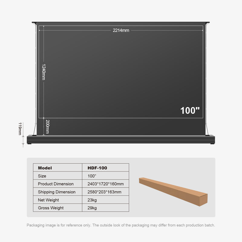Black screen with dimensions and specifications on a white background