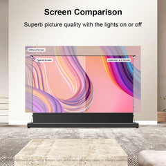 Comparison of screen quality with and without a screen in a room setting.