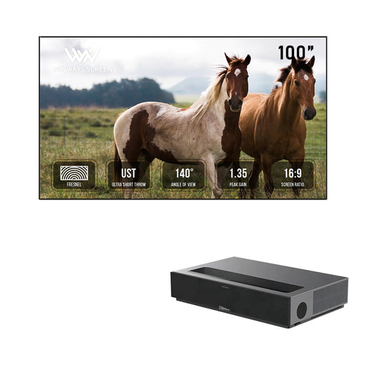 Formovie Theater Premium Laser 4K TV Ultra Short Throw Projector+Winways UST Throw ALR 4/8K HDR Fixed Frame Fresnel Screen
